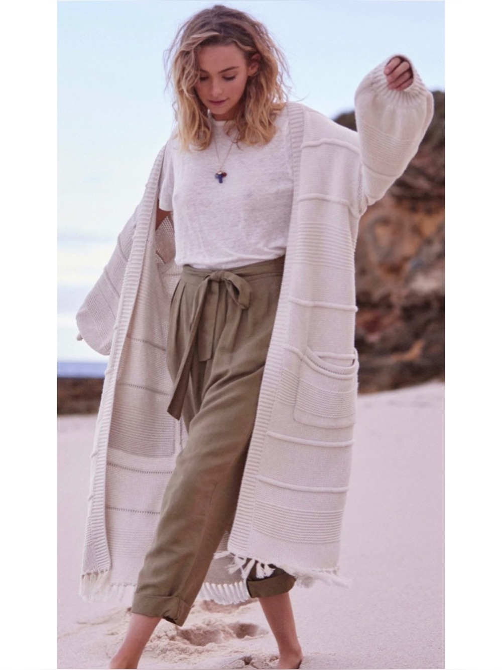 Label Of Love Long Mixed Knit Beige Balloon Sleeve Cardigan Fringe